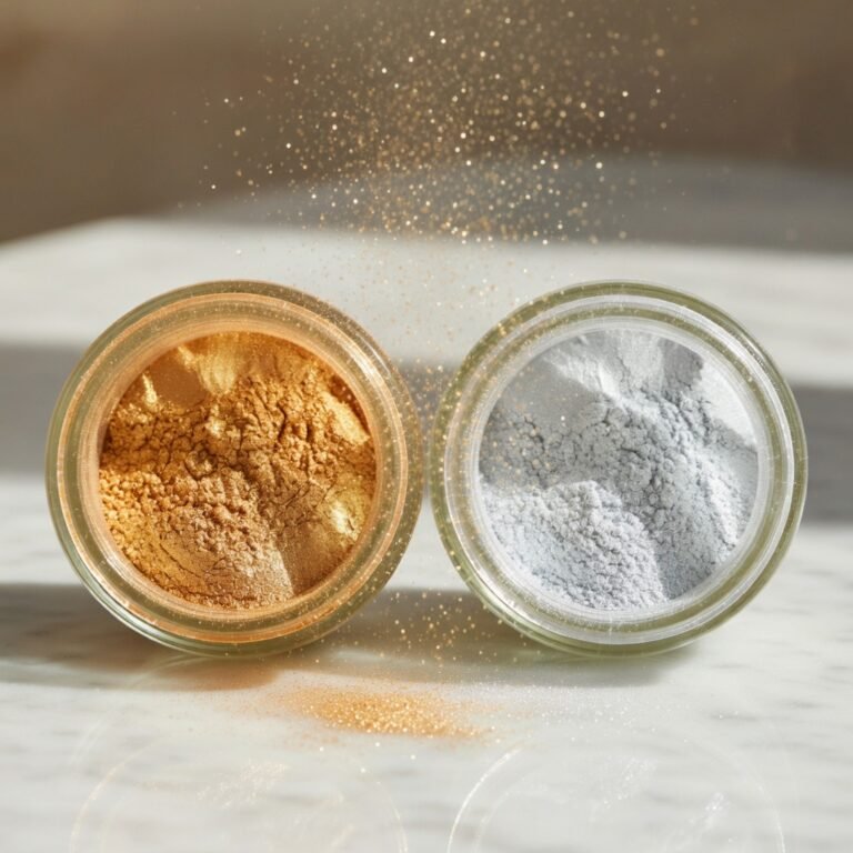 Is edible glitter safe to eat? Gold and silver Luster Dust jars with pearlescent shimmer powder caught mid-air