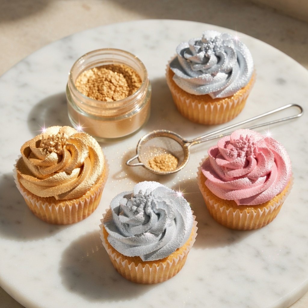 Is edible glitter safe to eat? Gold, silver, and pink luster dust jars beside shimmer-topped cupcakes on marble