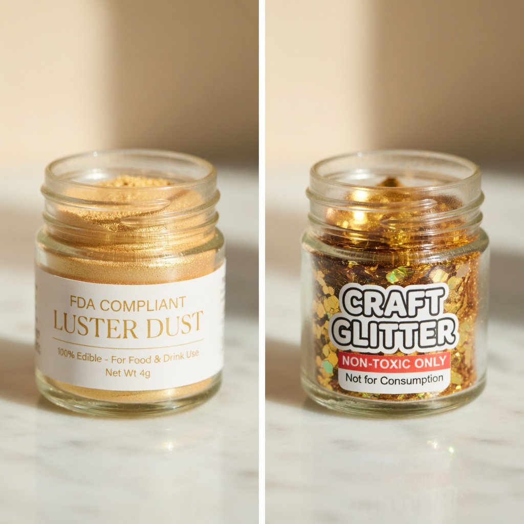 Is glitter edible? FDA-compliant luster dust label vs craft glitter marked non-toxic only, showing key labeling differences