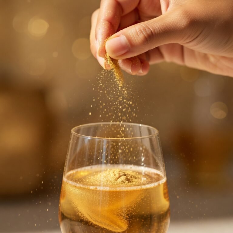 Is luster dust edible? Gold edible luster dust falling from a hand into a champagne glass, catching warm light mid-air