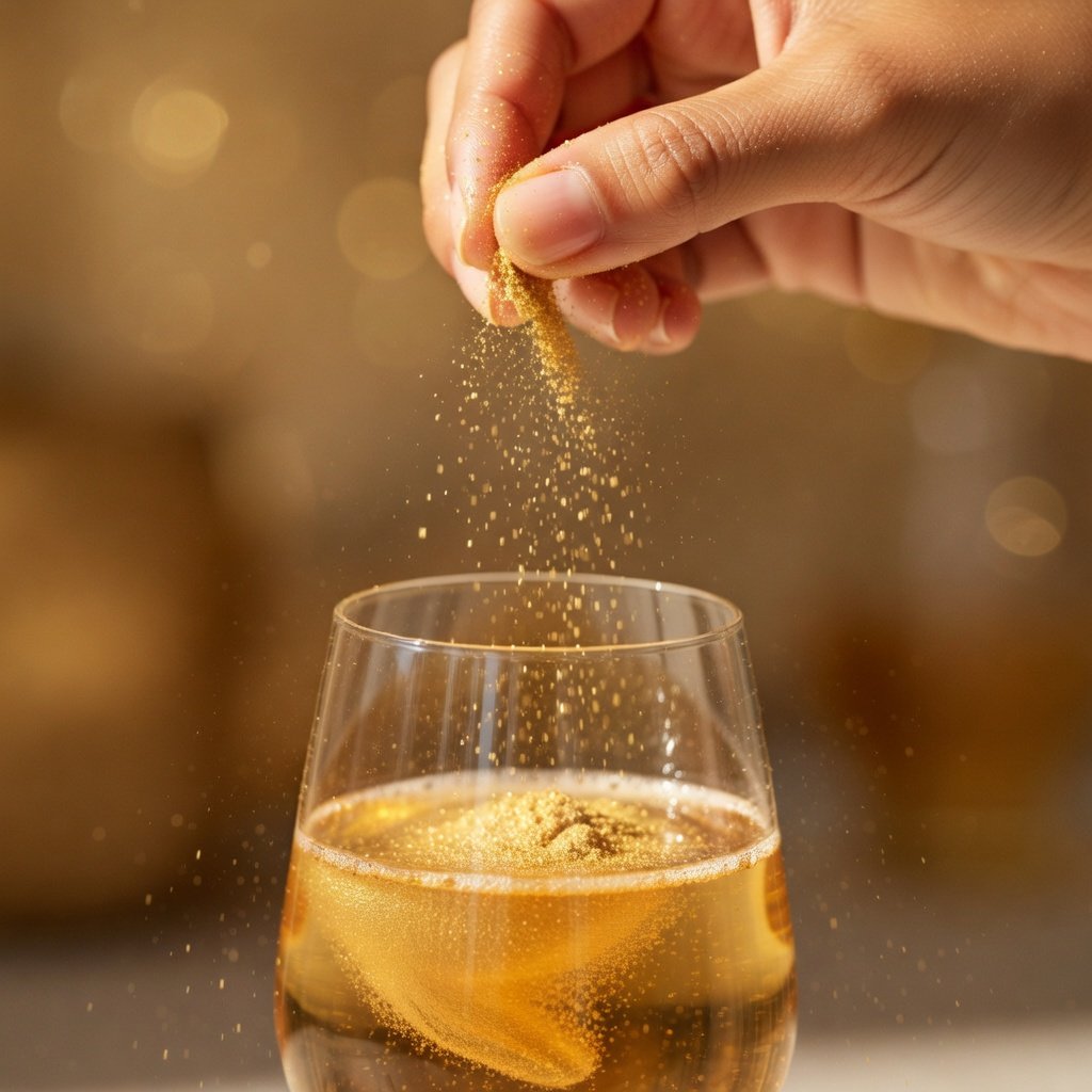 Is luster dust edible? Gold edible luster dust falling from a hand into a champagne glass, catching warm light mid-air