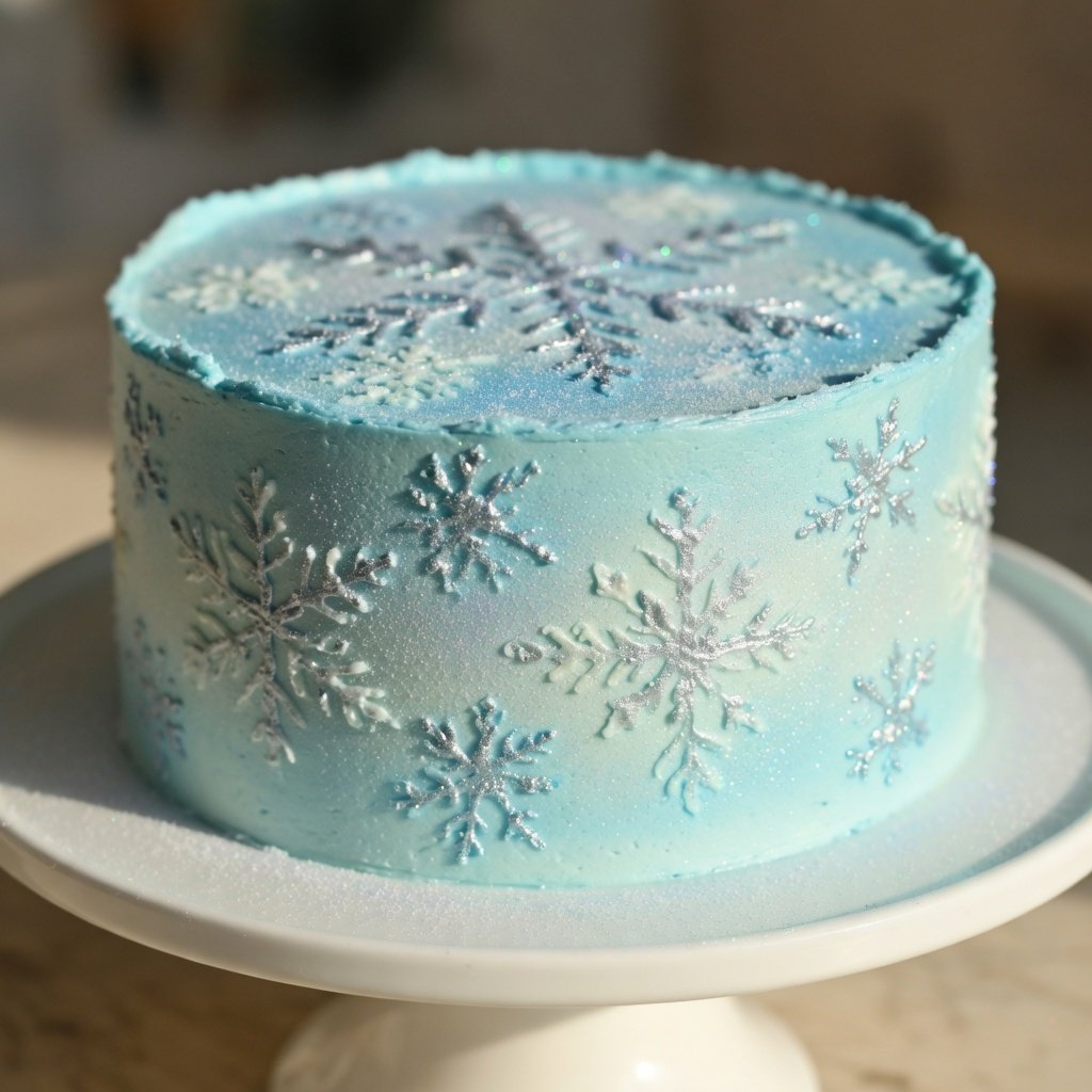 Edible luster dust for cakes transforms this frozen snowflake cake with icy-blue buttercream, hand-painted silver snowflakes, and glowing luster dust finish