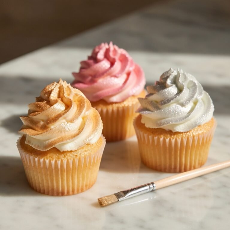 Luster dust cupcakes in gold, pink, and silver on white marble with a small paintbrush beside them