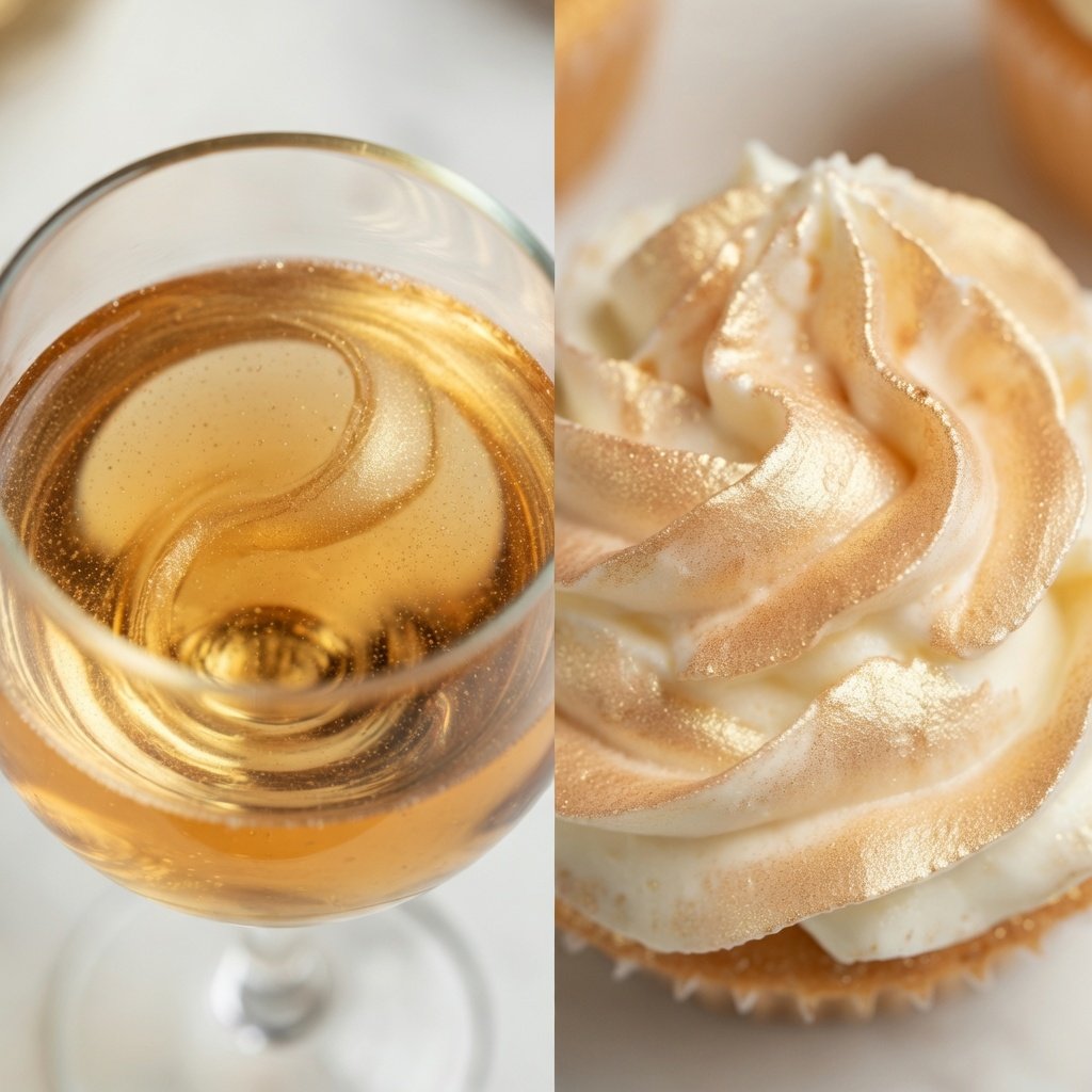 Luster dust vs edible glitter comparison: gold dust swirling in champagne on left, chunky edible glitter on white buttercream cupcake on right