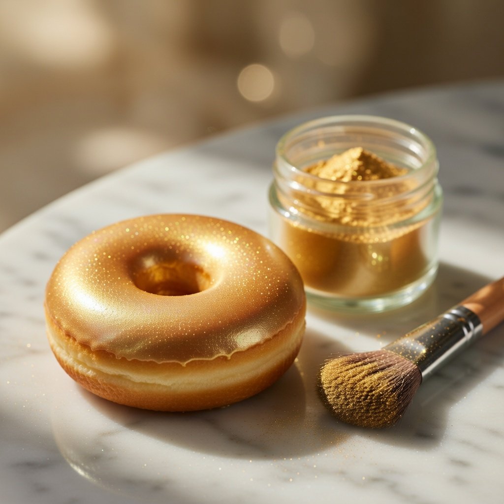 Luster dust edible glitter on donuts: gold-dusted glazed donut on marble with a soft brush and open jar of gold luster dust