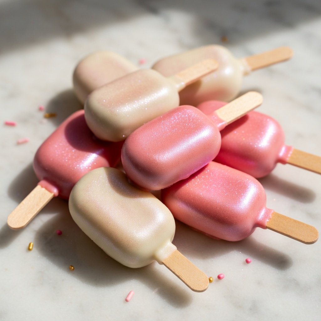 Luster dust edible shimmer coating on pink and gold cake pops with white chocolate dip on marble