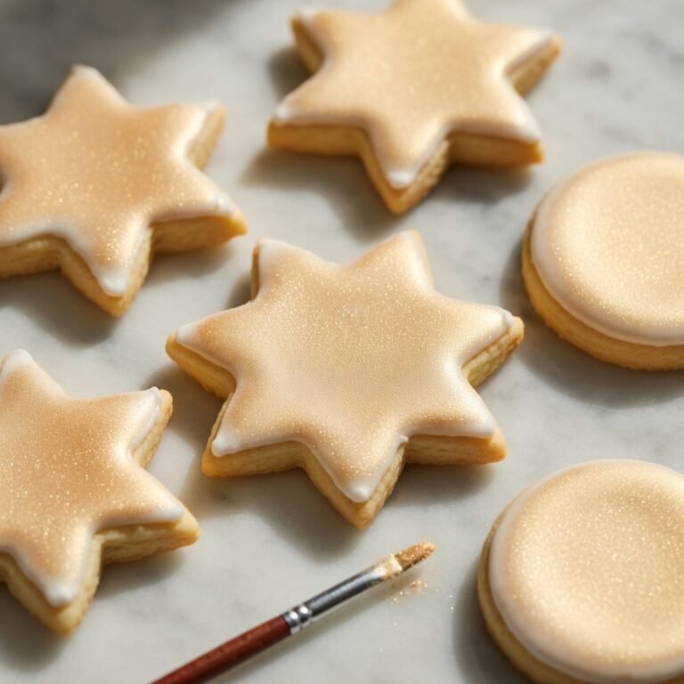 Luster dust for cookies applied to royal icing on decorated sugar cookies, shimmering gold and silver finish on marble surface with small brush