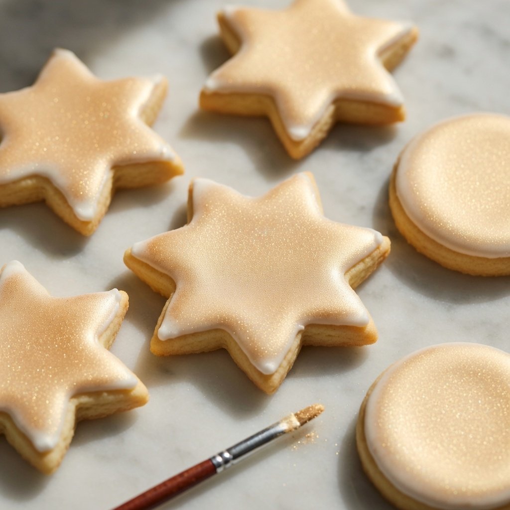 Luster dust for cookies applied to royal icing on decorated sugar cookies, shimmering gold and silver finish on marble surface with small brush