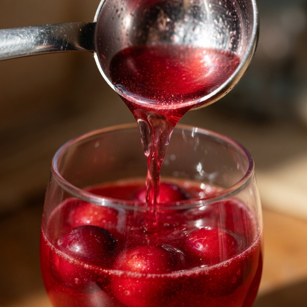 Luster dust for drinks shown as a ladle pours shimmering red cranberry punch into a glass with gold glitter particles and floating cranberries
