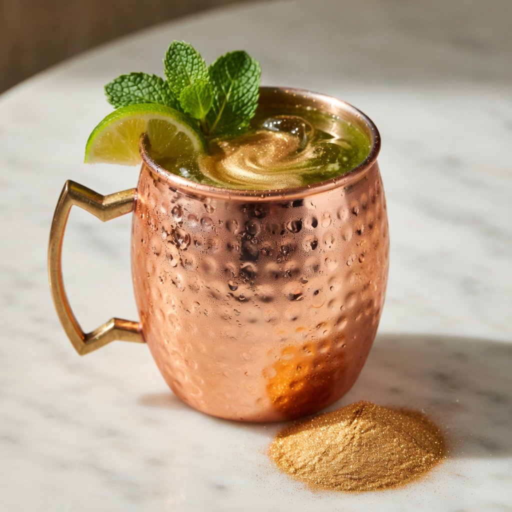 Luster dust for drinks: shimmering gold-green Moscow Mule in a copper mug with mint and lime wedge