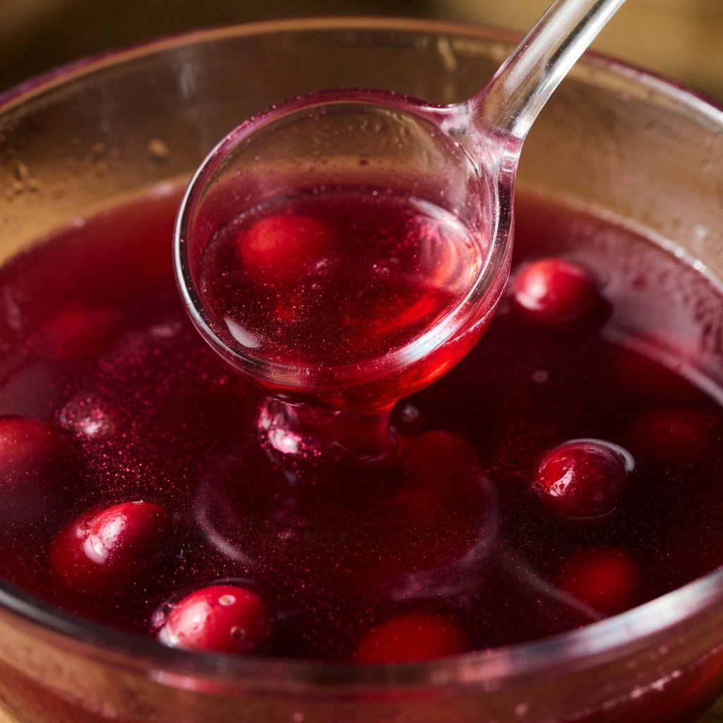 Luster dust for drinks shimmers in ruby red punch as a glass ladle scoops glittery liquid with floating cranberries