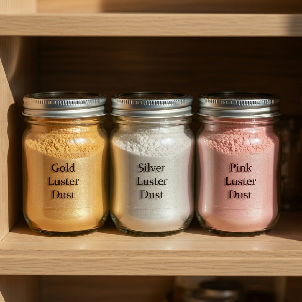 Luster dust ingredients sealed in gold, silver, and pink jars organized neatly on a cool dry shelf