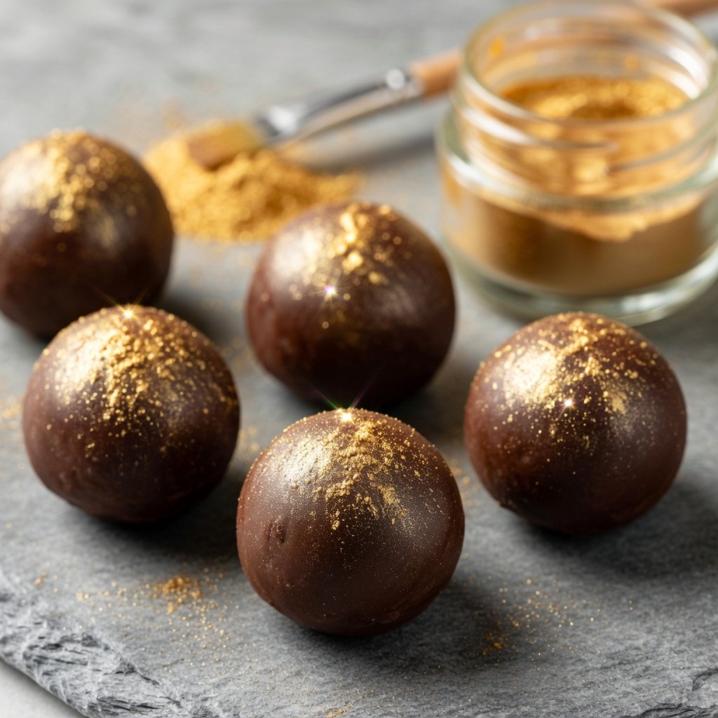 Luster dust on chocolate truffles coated in edible gold shimmer, with a brush and open jar visible on slate