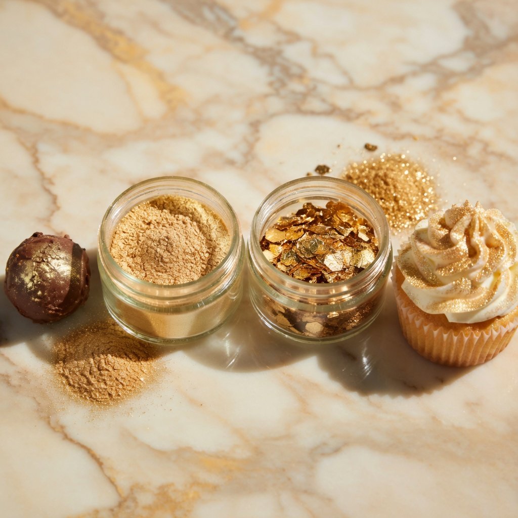 Luster dust vs edible glitter side-by-side: gold powder jar and chunky glitter jar with a dusted truffle and glitter cupcake
