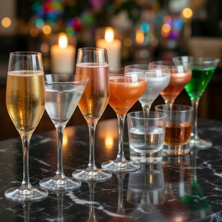 Seven edible glitter cocktails glowing in gold, silver, and rose gold on dark marble for New Year's Eve