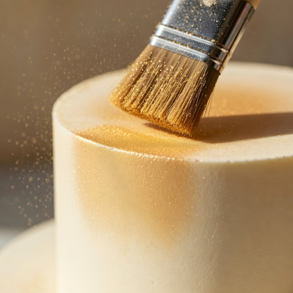 Edible glitter spray for cakes alternative: pastry brush dusting gold luster dust onto smooth fondant tier with shimmer particles in air