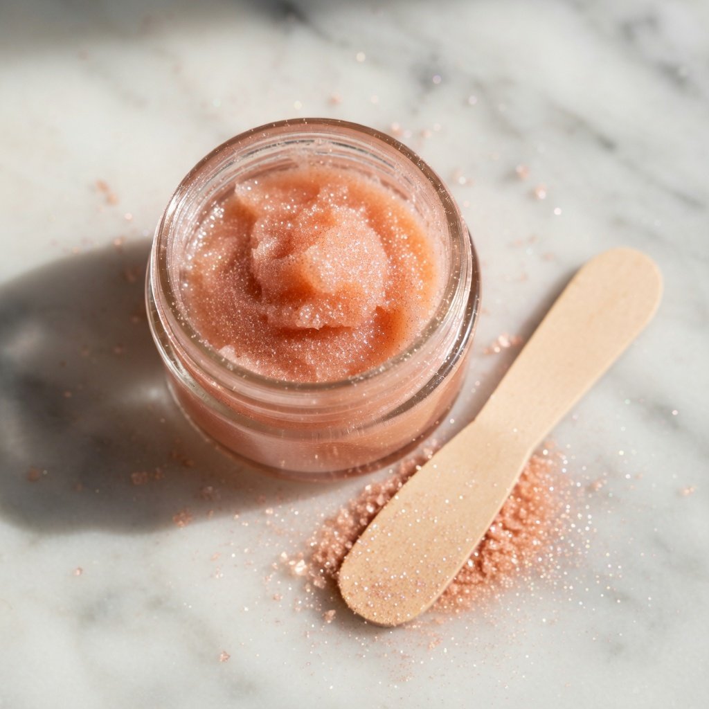 Edible body glitter dusted over a pink sugar lip scrub in a glass jar with rose gold shimmer on marble