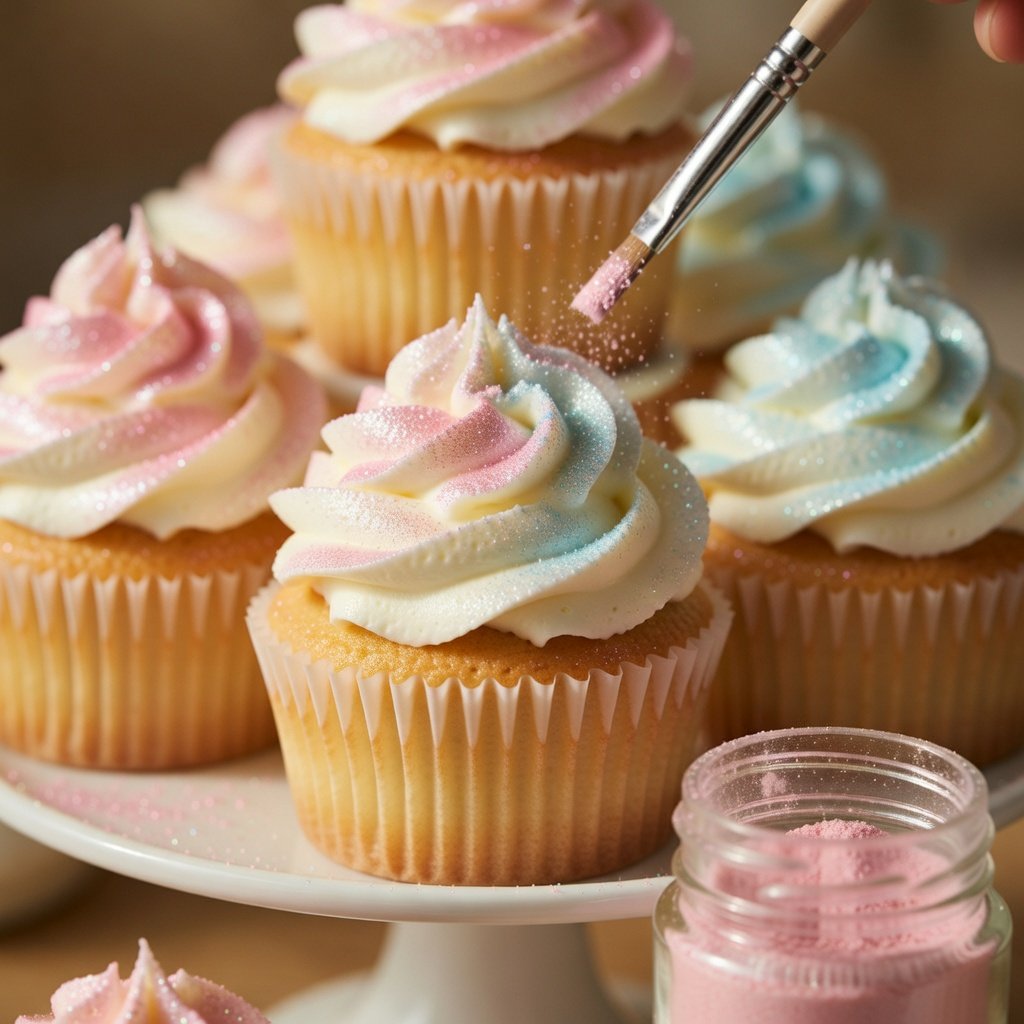 Pink edible glitter on birthday cupcakes being brushed with luster dust on a tiered stand with a jar of pink luster dust nearby