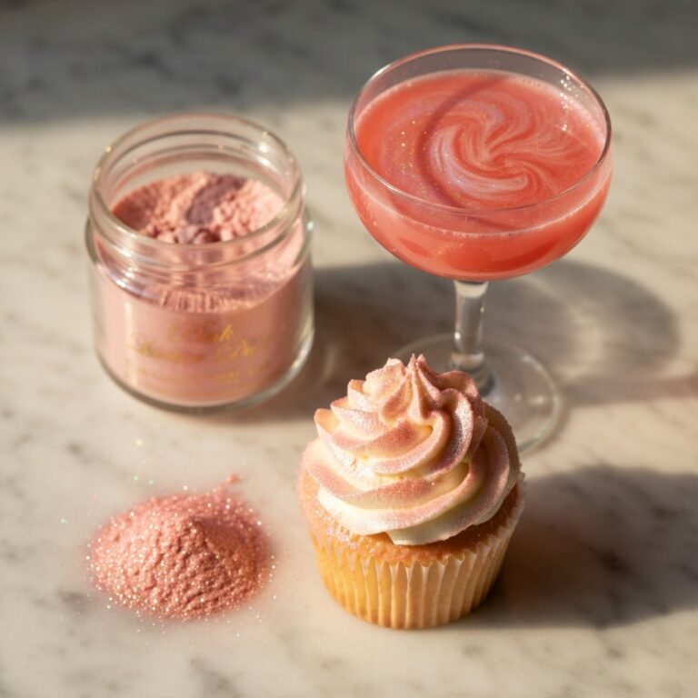 Pink edible glitter luster dust jar beside a shimmer-dusted cupcake and sparkling pink drink on white marble