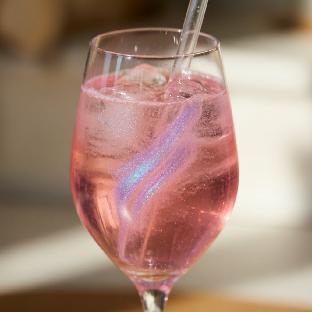 Pink edible glitter in lemonade swirled with a straw, showing shimmering pink, purple, and blue luster dust streaks through pale lavender-pink liquid with ice