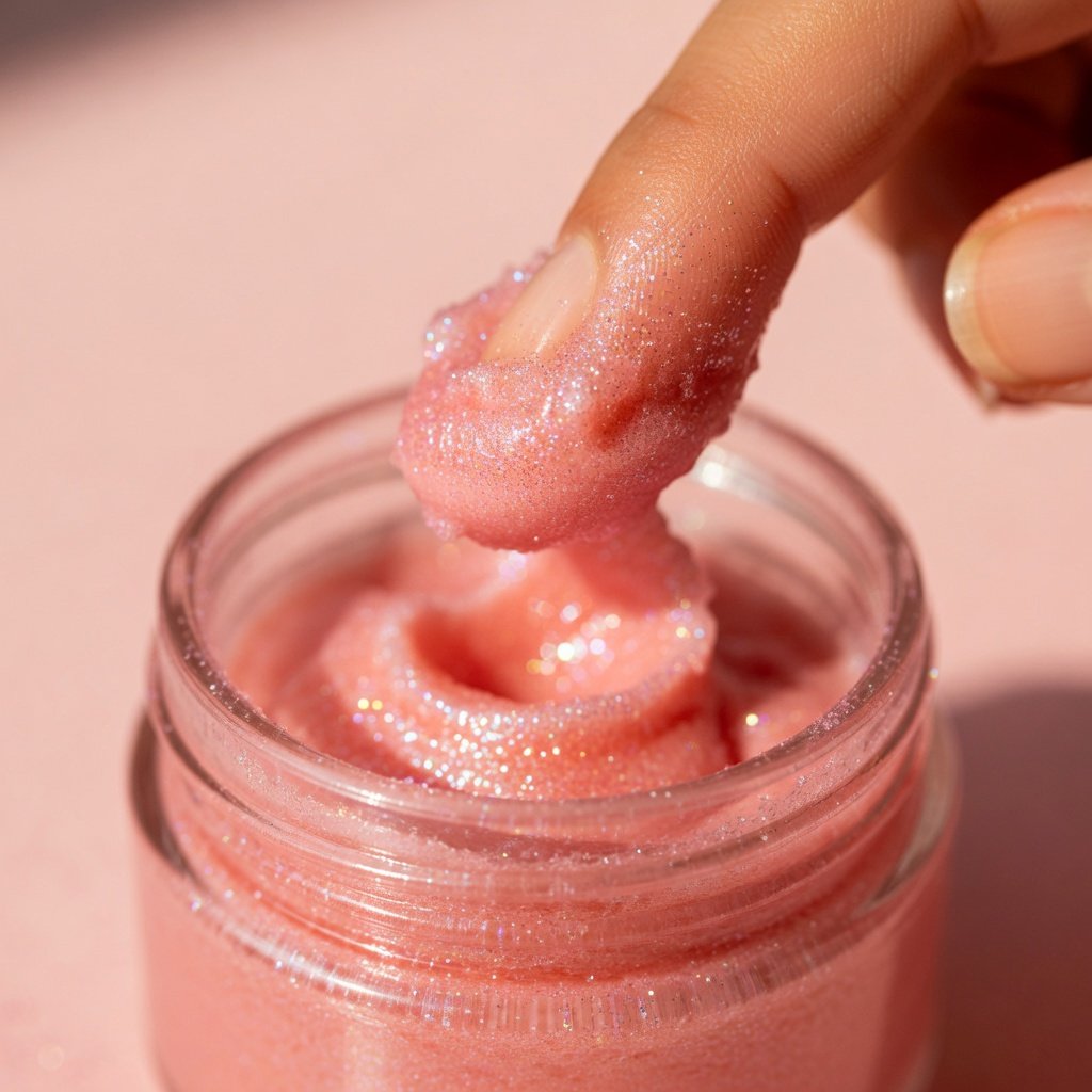 Pink edible glitter lip scrub being scooped from a glass jar, with shimmer sugar particles catching light