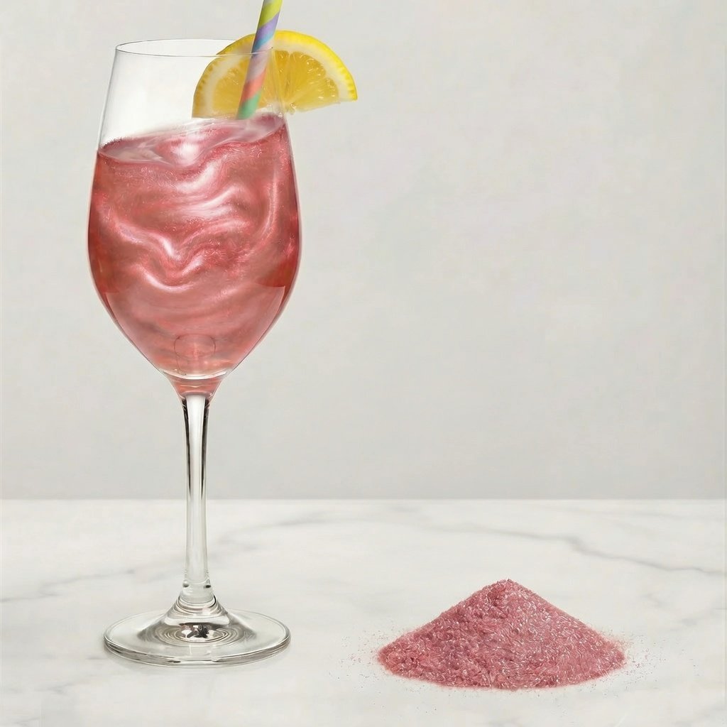 Pink edible glitter suspended in a pale pink-purple lemonade glass, backlit on white marble with lemon slices, edible flowers, and open jars of edible pink glitter and luster dust