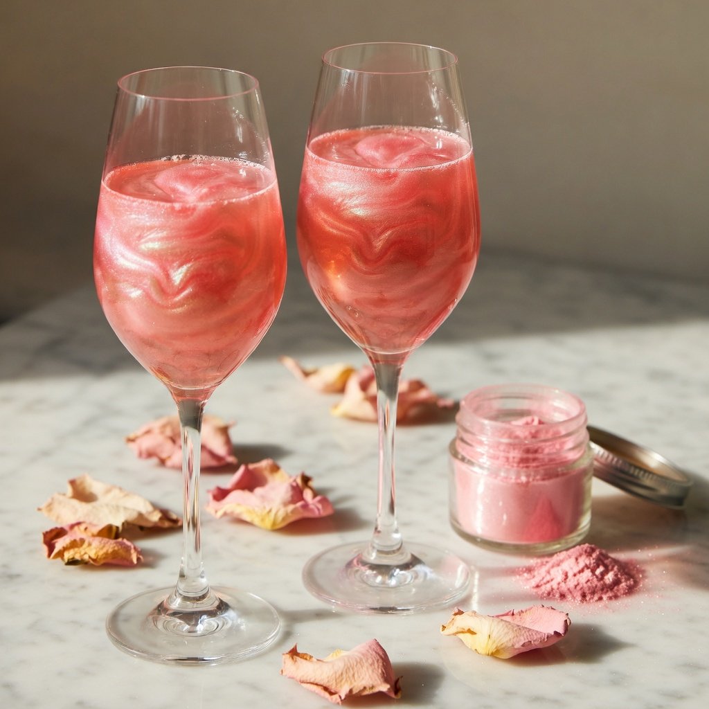 Edible glitter cocktail in two pink prosecco flutes with swirling luster dust, rose petals, and open jar on white marble