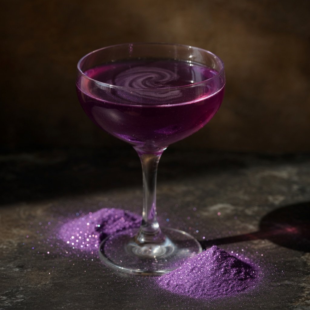 Purple edible glitter shimmering inside a deep purple cocktail in a coupe glass with purple luster dust scattered around the base