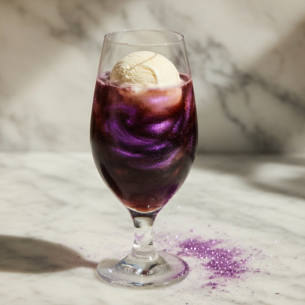 Purple edible glitter swirling through a grape soda float topped with vanilla ice cream, styled on marble with luster dust crystals