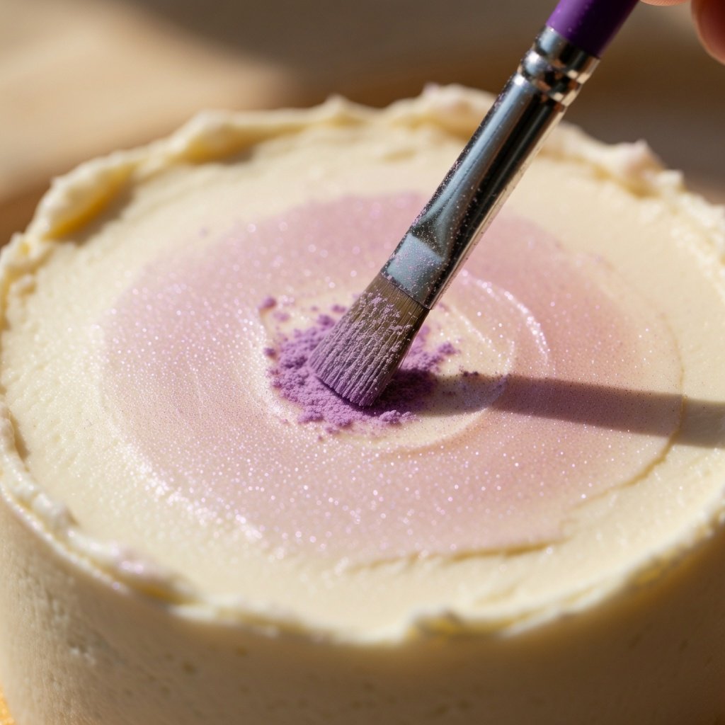 Purple luster dust on cake being applied with a brush, catching warm light on white buttercream frosting