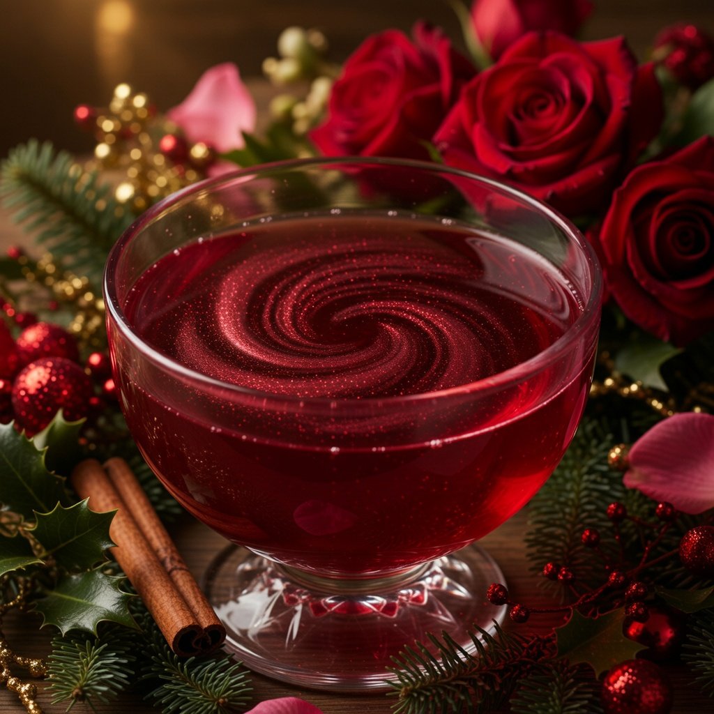 Red edible glitter swirling in a deep crimson cocktail punch bowl with holiday decor and Valentine's roses