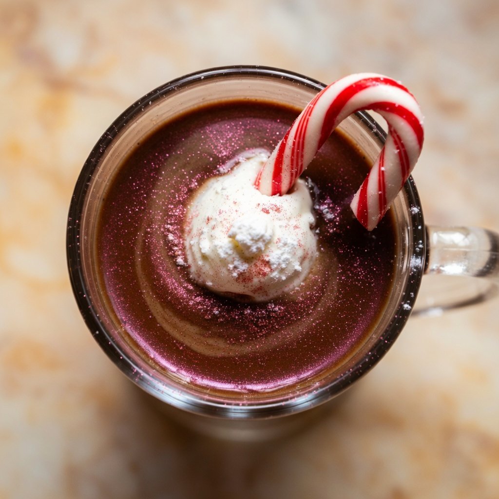 Red edible glitter in hot chocolate mocha swirling through dark espresso, topped with whipped cream and a mini candy cane