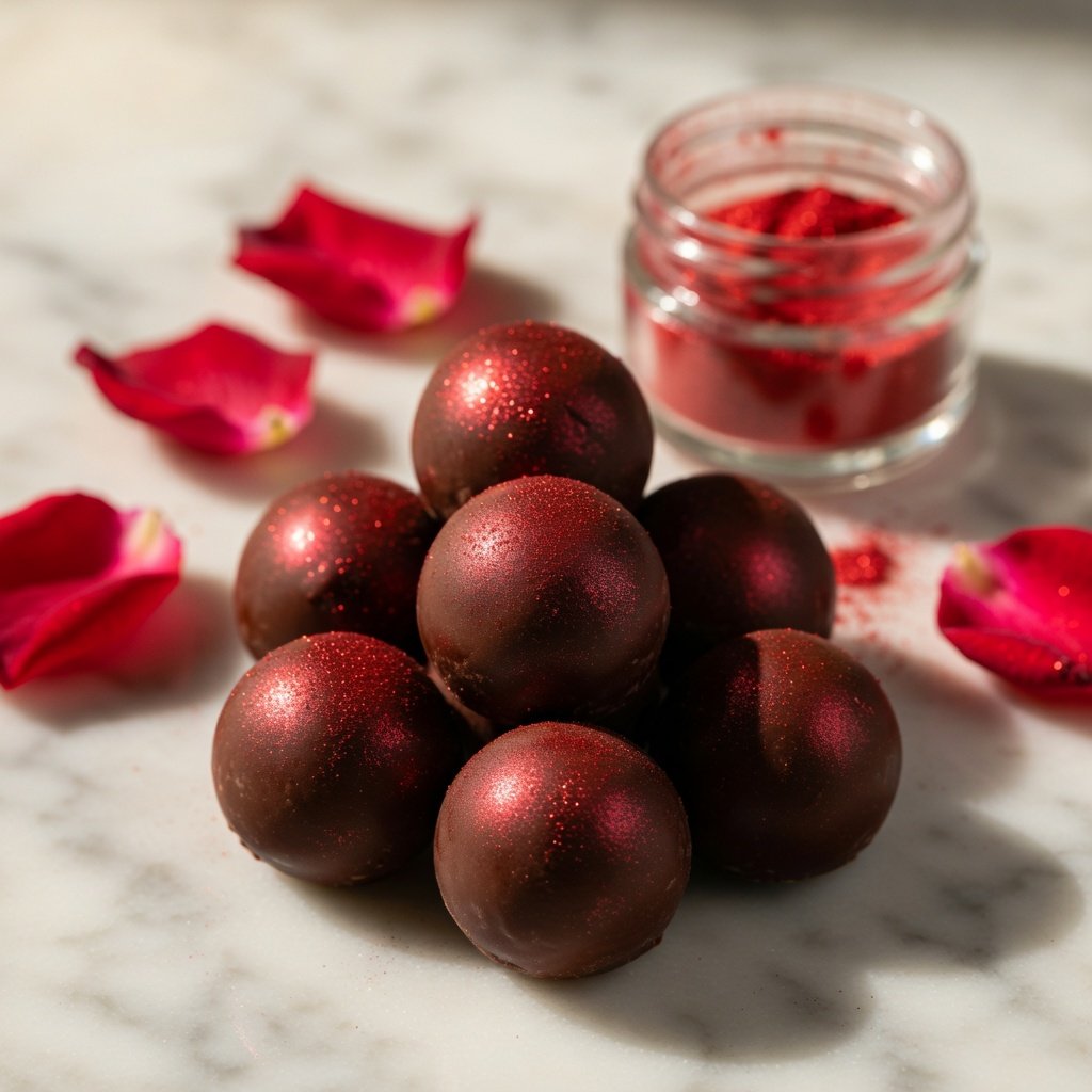 Red edible glitter on chocolate truffles dusted with Luster Dust, displayed on marble with rose petals and a jar of pink edible glitter