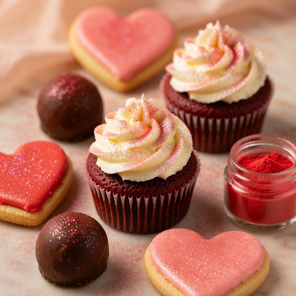 Red edible glitter dusted over valentine's day cupcakes, truffles, and heart cookies with pink edible glitter accents and an open jar of Luster Dust