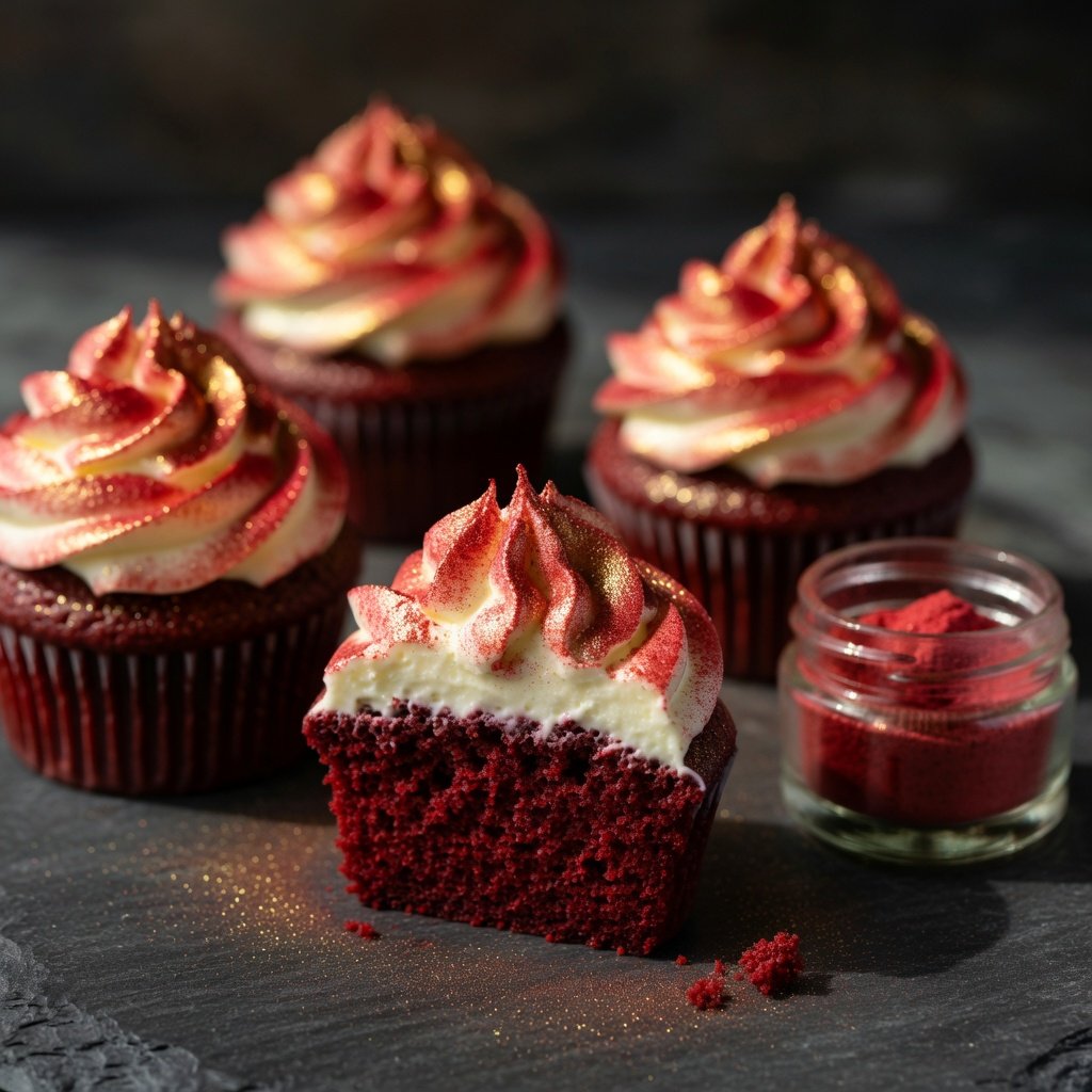 Luster dust cake styling with red velvet cupcakes topped with cream cheese frosting dusted in deep red and gold luster dust on a dark slate surface