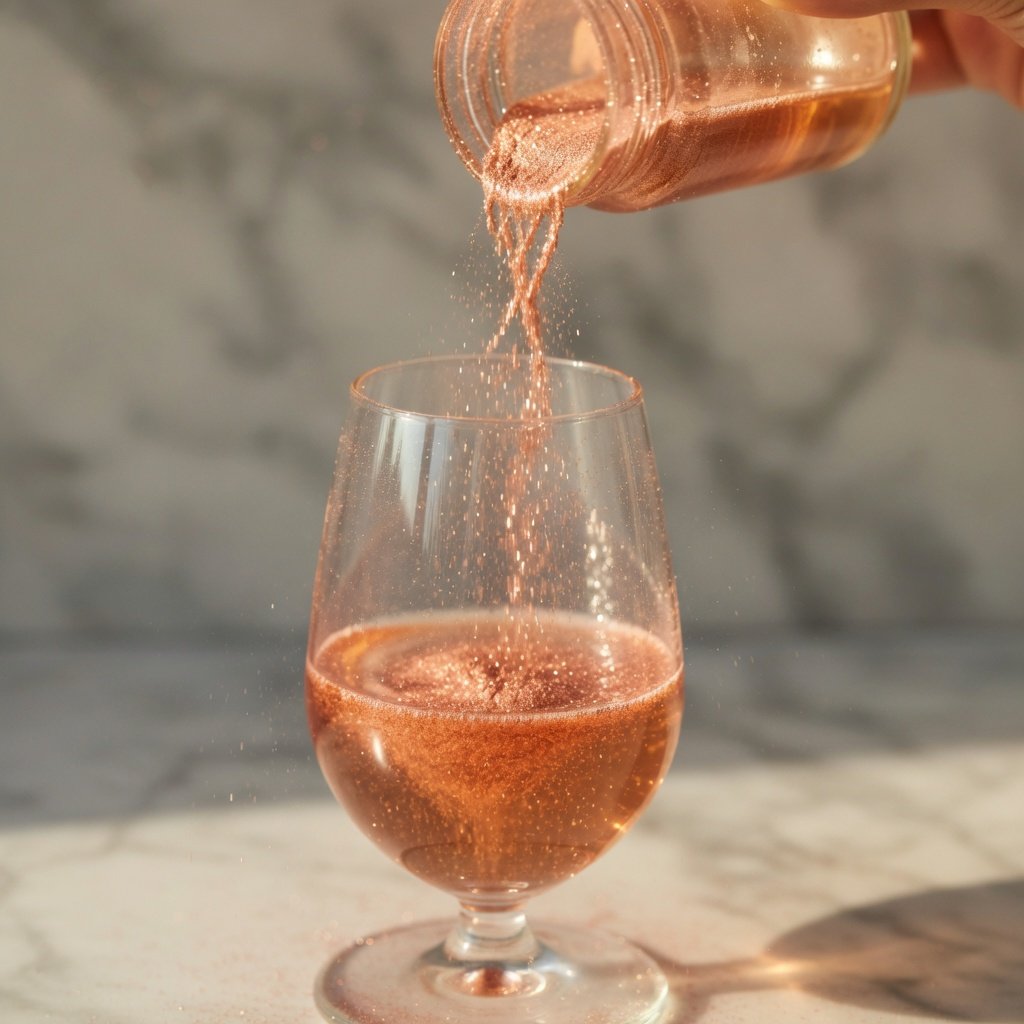 Edible cocktail glitter being poured from a jar into a champagne flute, rose gold luster dust particles catching warm light