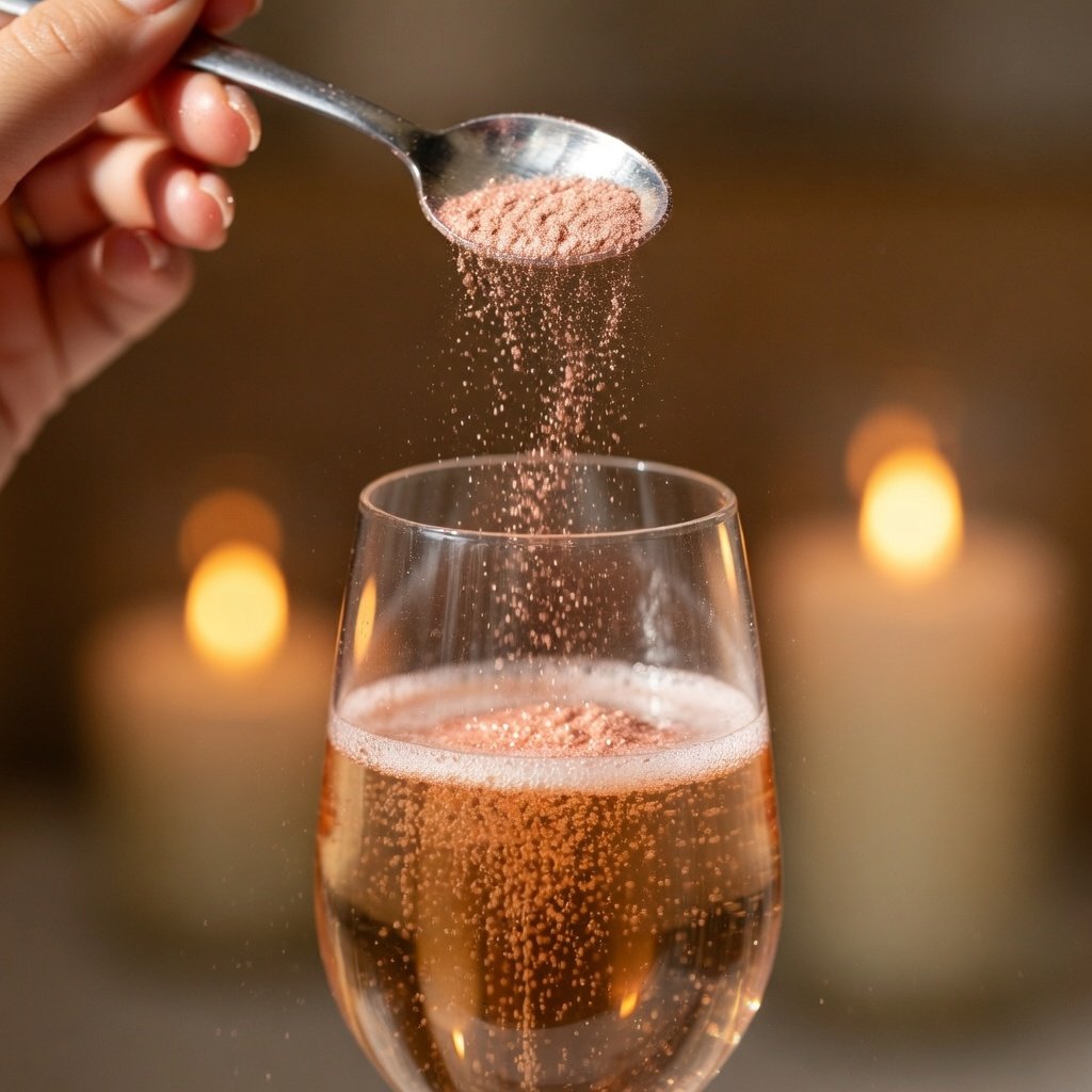 Edible glitter for drinks being poured from a spoon into a sparkling prosecco flute by candlelight