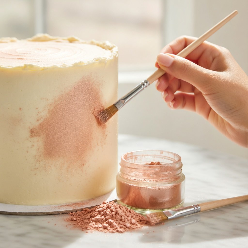 Edible luster dust on cake being applied with a food-safe brush, rose gold jar in foreground, soft natural light