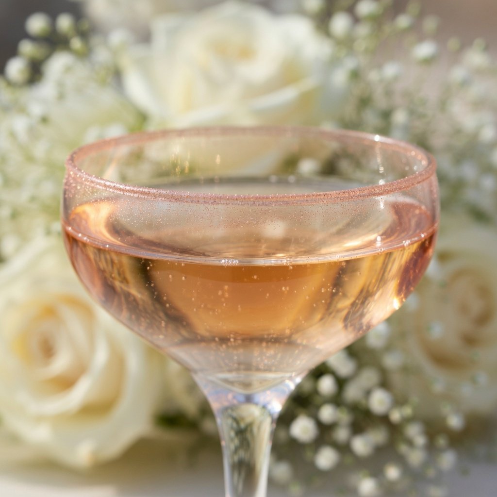 Rose gold luster dust cocktail rim on a champagne coupe with white florals and soft bokeh at a wedding reception
