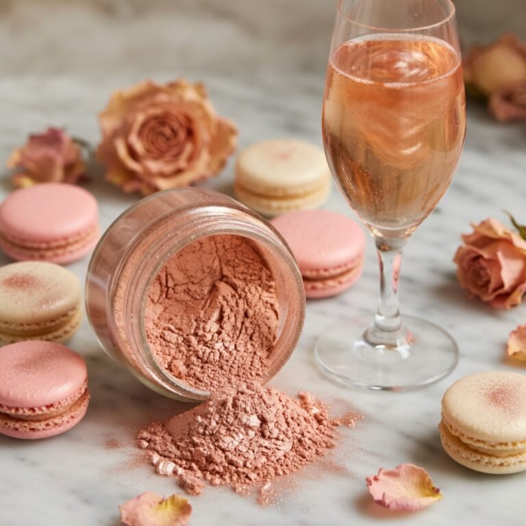 Rose gold luster dust jar open on marble surrounded by shimmery macarons, prosecco flute, and blush dried roses