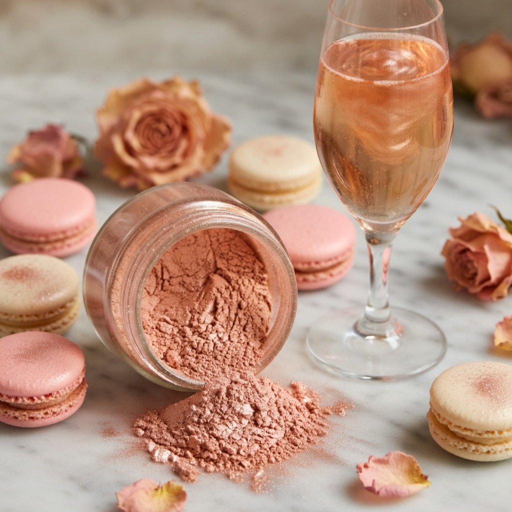 Rose gold luster dust jar open on marble surrounded by shimmery macarons, prosecco flute, and blush dried roses