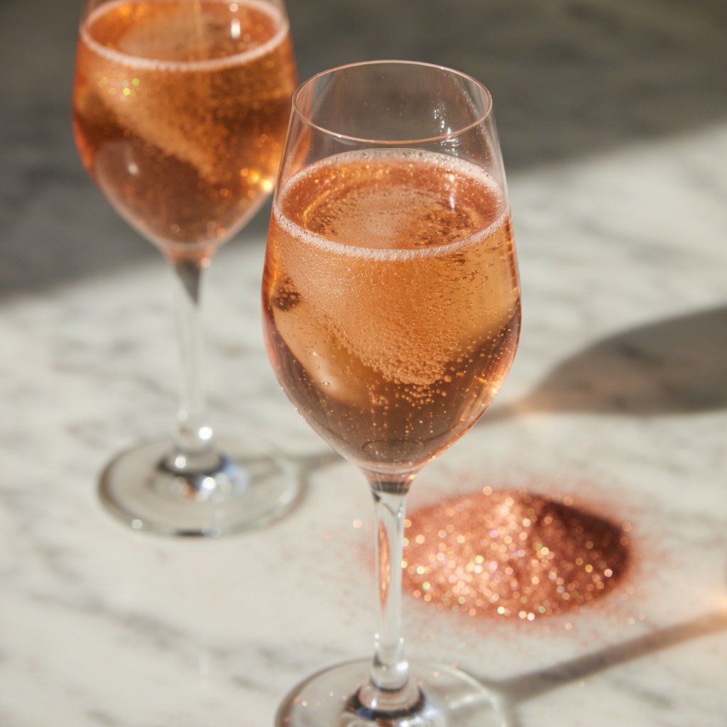 Cocktail edible glitter swirling through a rose gold prosecco spritz in a crystal flute on marble