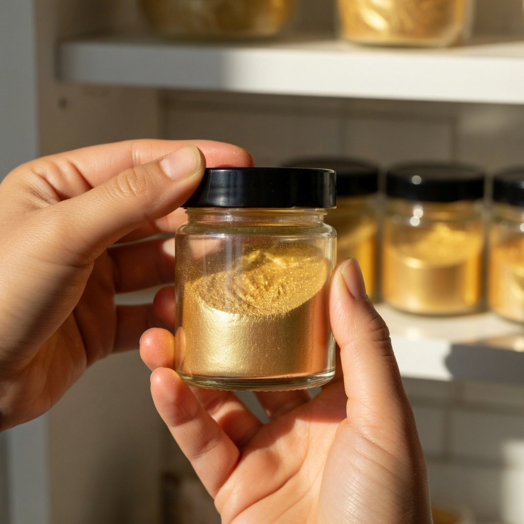 Hand sealing a jar of edible luster dust made of mica, with gold and other luster dust jars stored on a clean kitchen shelf