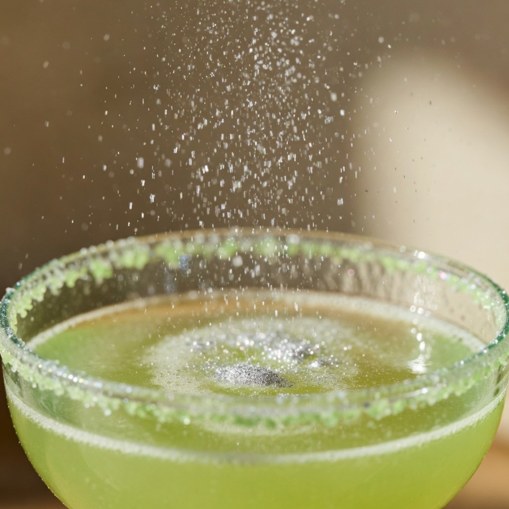 Silver luster dust particles falling into a pale green margarita, catching light mid-drop above a shimmer salt rim