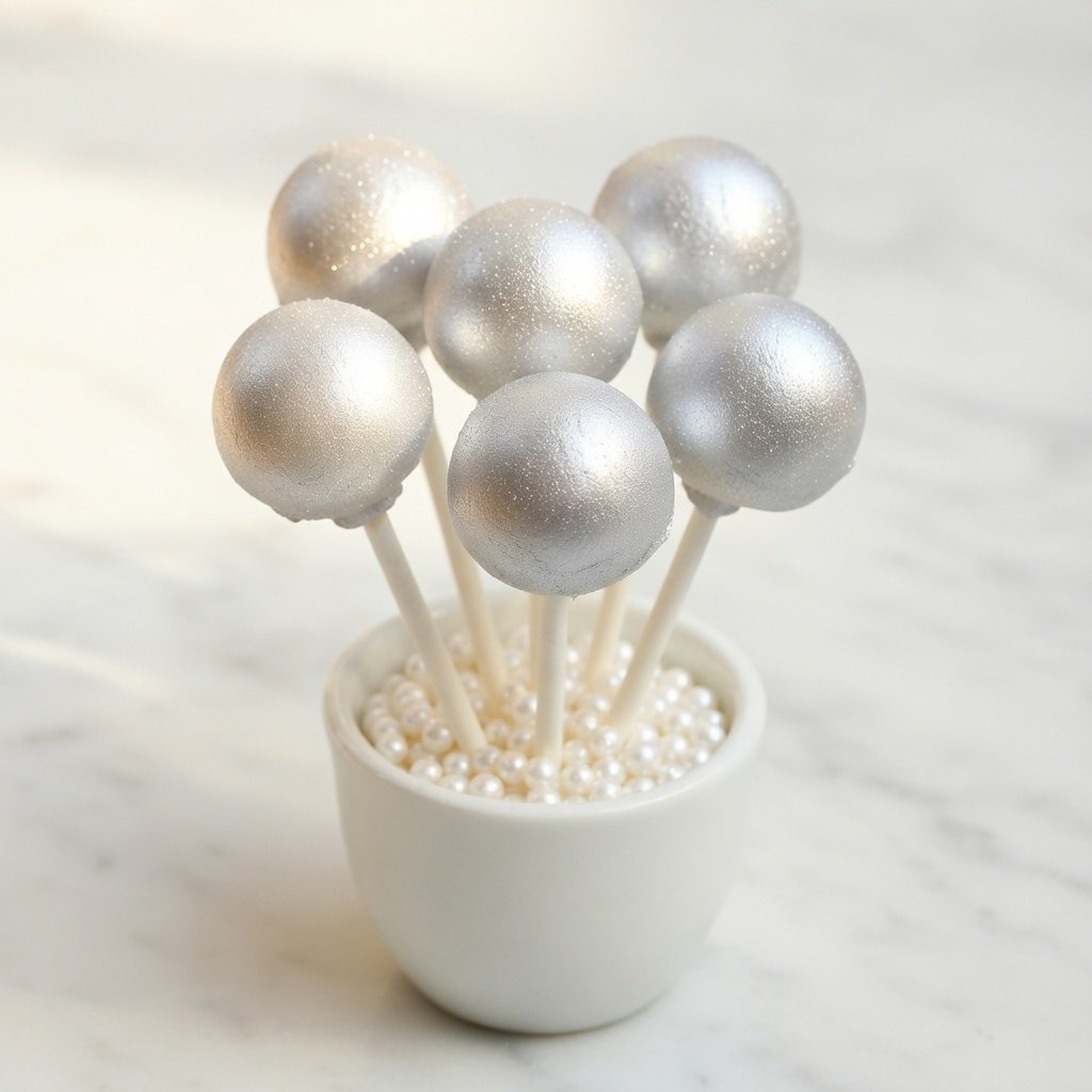 Silver luster dust coated cake pops arranged in a vase of white sugar pearls on marble, shimmering with edible silver glitter
