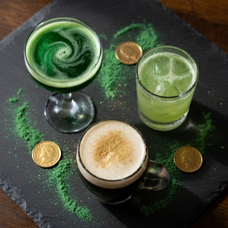 Green edible glitter cocktails and mocktail for St. Patrick's Day with scattered luster dust and gold coins