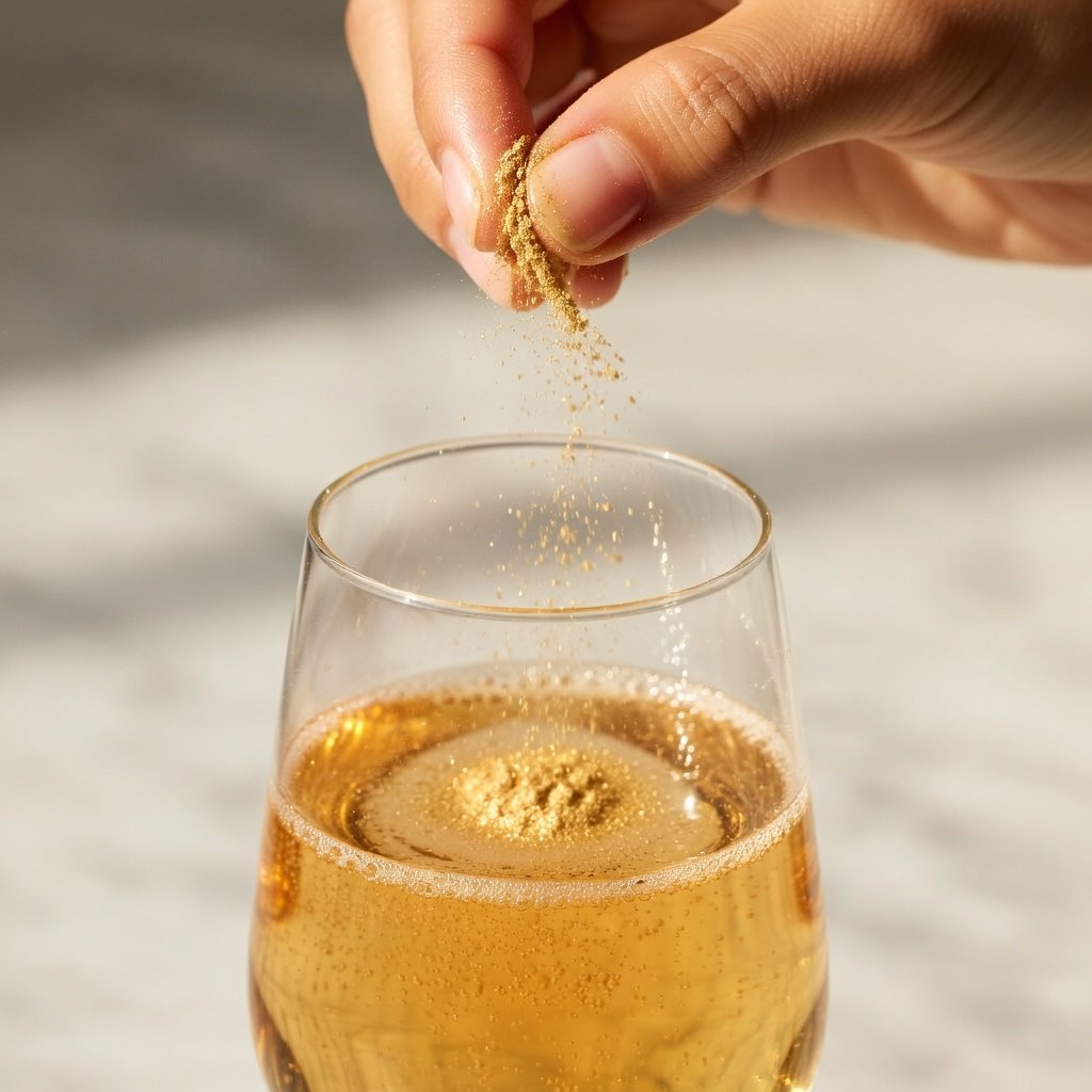 What is edible glitter shown as gold luster dust pinched over a bubbling champagne flute, shimmer particles catching warm light