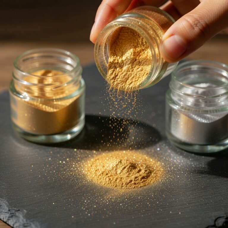 What is edible glitter: gold and silver luster dust tapped from small jars onto a dark surface, shimmer particles catching warm light