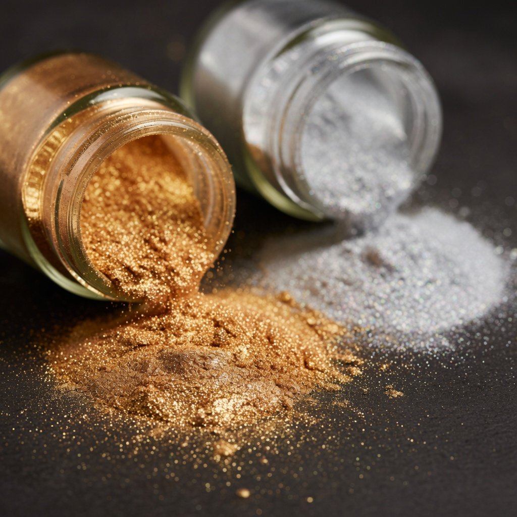 What is edible glitter made from? Gold and silver luster dust spills from open jars, revealing shimmering mica particles under directional light.