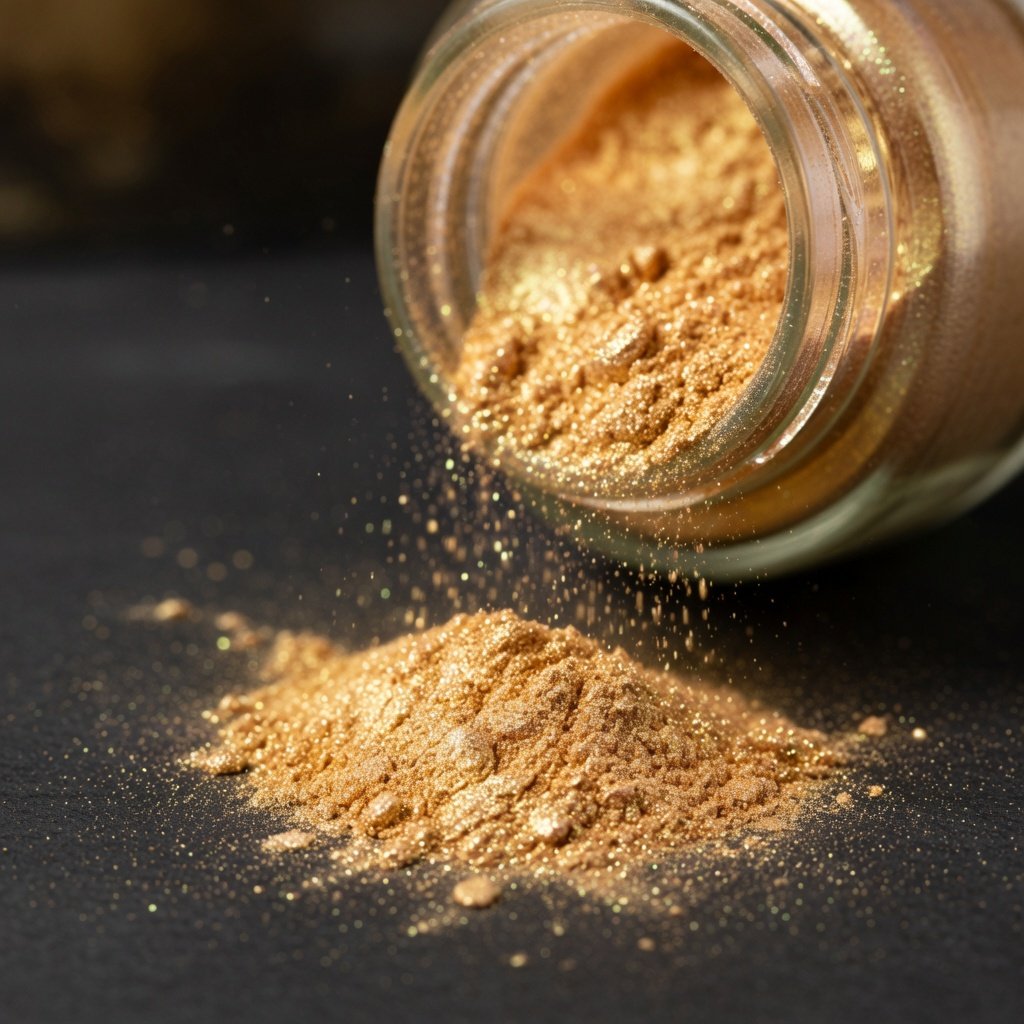 What edible glitter is made of — gold luster dust powder spilling from a jar, particles shimmering mid-fall